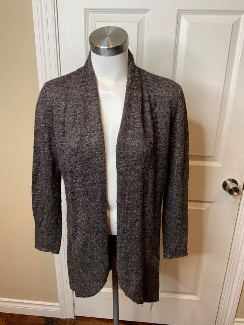 Eileen Fisher Dark Gray Wool Linen Thin Knit Cardigan Sweater, Size S